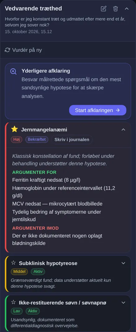 Mulige årsager til vedvarende træthed: videre afklaring med målrettede opfølgende spørgsmål, jernmangelanæmi foldet ud med argumenter for og imod