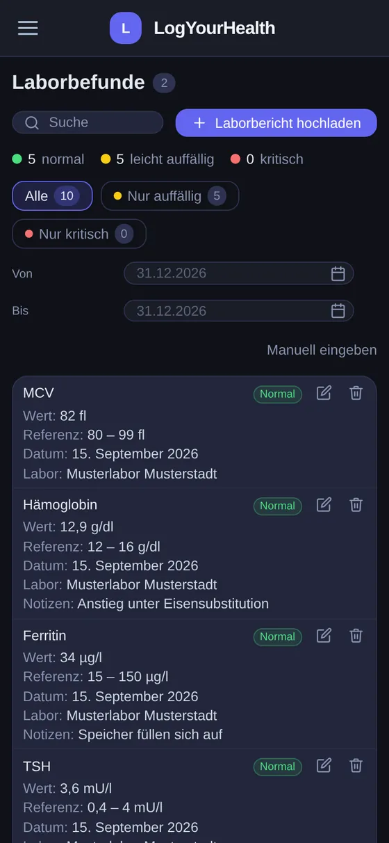 Laborbefunde in LogYourHealth auf dem Smartphone