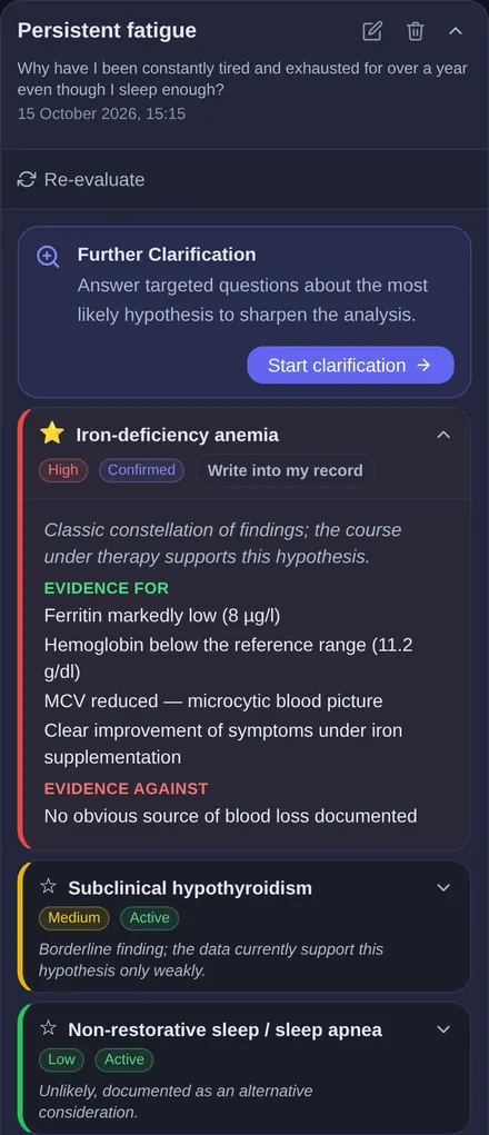 Possible causes of persistent fatigue: further clarification with targeted follow-up questions, iron deficiency anemia expanded with arguments for and against