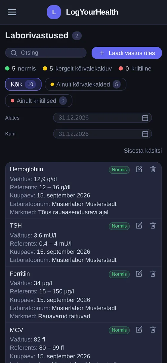 Laborivastused LogYourHealthis nutitelefonis