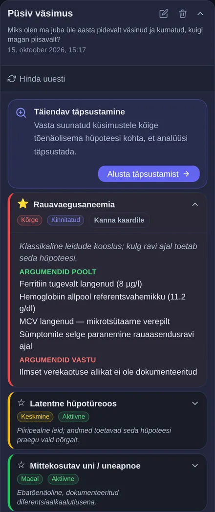 Püsiva väsimuse võimalikud põhjused: edasine selgitamine sihipäraste küsimustega, rauavaegusaneemia lahti volditud koos poolt- ja vastuargumentidega