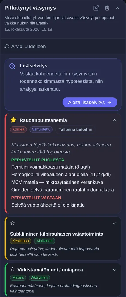 Pitkittyneen väsymyksen mahdolliset syyt: jatkoselvitys kohdennetuin lisäkysymyksin, raudanpuuteanemia avattuna perusteluineen puolesta ja vastaan