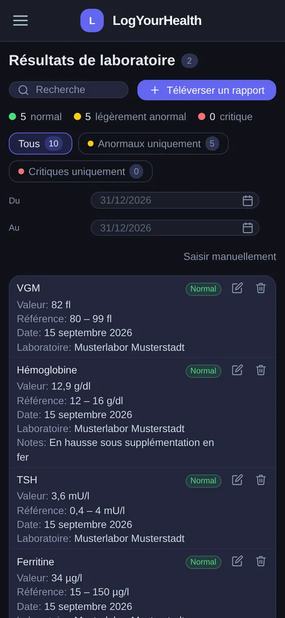 Résultats de laboratoire dans LogYourHealth sur smartphone