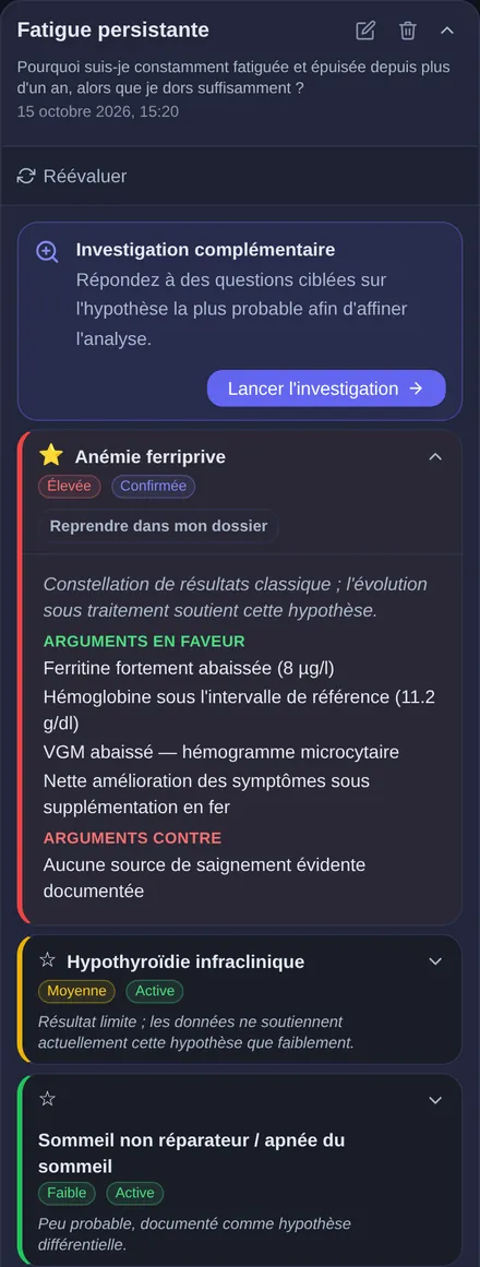 Causes possibles d'une fatigue persistante : clarification par des questions ciblées, anémie ferriprive dépliée avec les arguments pour et contre