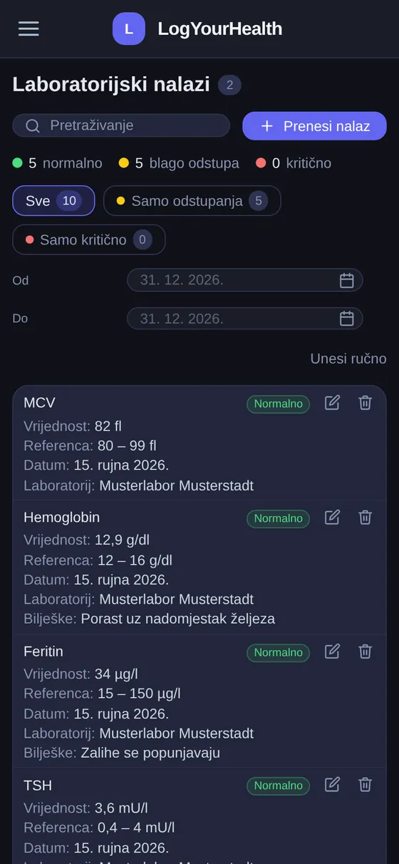 Laboratorijski nalazi u LogYourHealthu na pametnom telefonu