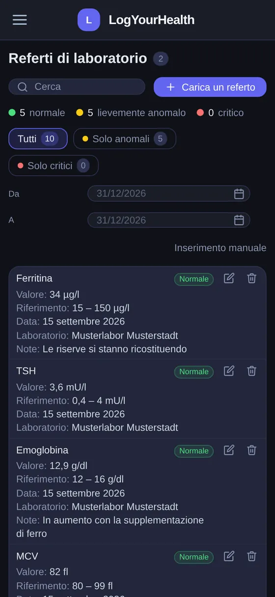 Referti di laboratorio in LogYourHealth sullo smartphone
