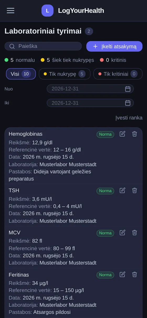 Tyrimų atsakymai LogYourHealth programėlėje išmaniajame telefone
