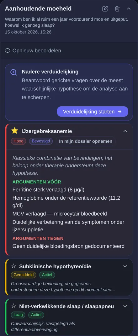 Mogelijke oorzaken van aanhoudende vermoeidheid: verder uitzoeken met gerichte vragen, ijzergebreksanemie opengeklapt met argumenten voor en tegen