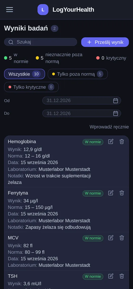 Wyniki badań w LogYourHealth na smartfonie