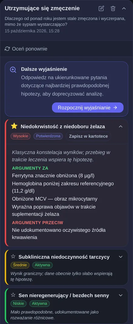 Możliwe przyczyny przewlekłego zmęczenia: dalsza diagnostyka z ukierunkowanymi pytaniami, rozwinięta niedokrwistość z niedoboru żelaza z argumentami za i przeciw