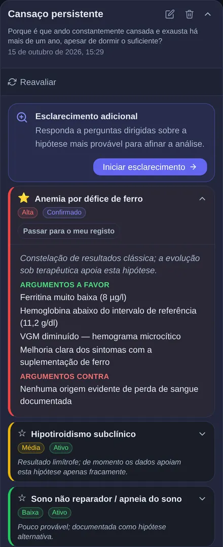 Causas possíveis para cansaço persistente: mais esclarecimentos com perguntas concretas, anemia ferropénica aberta com argumentos a favor e contra