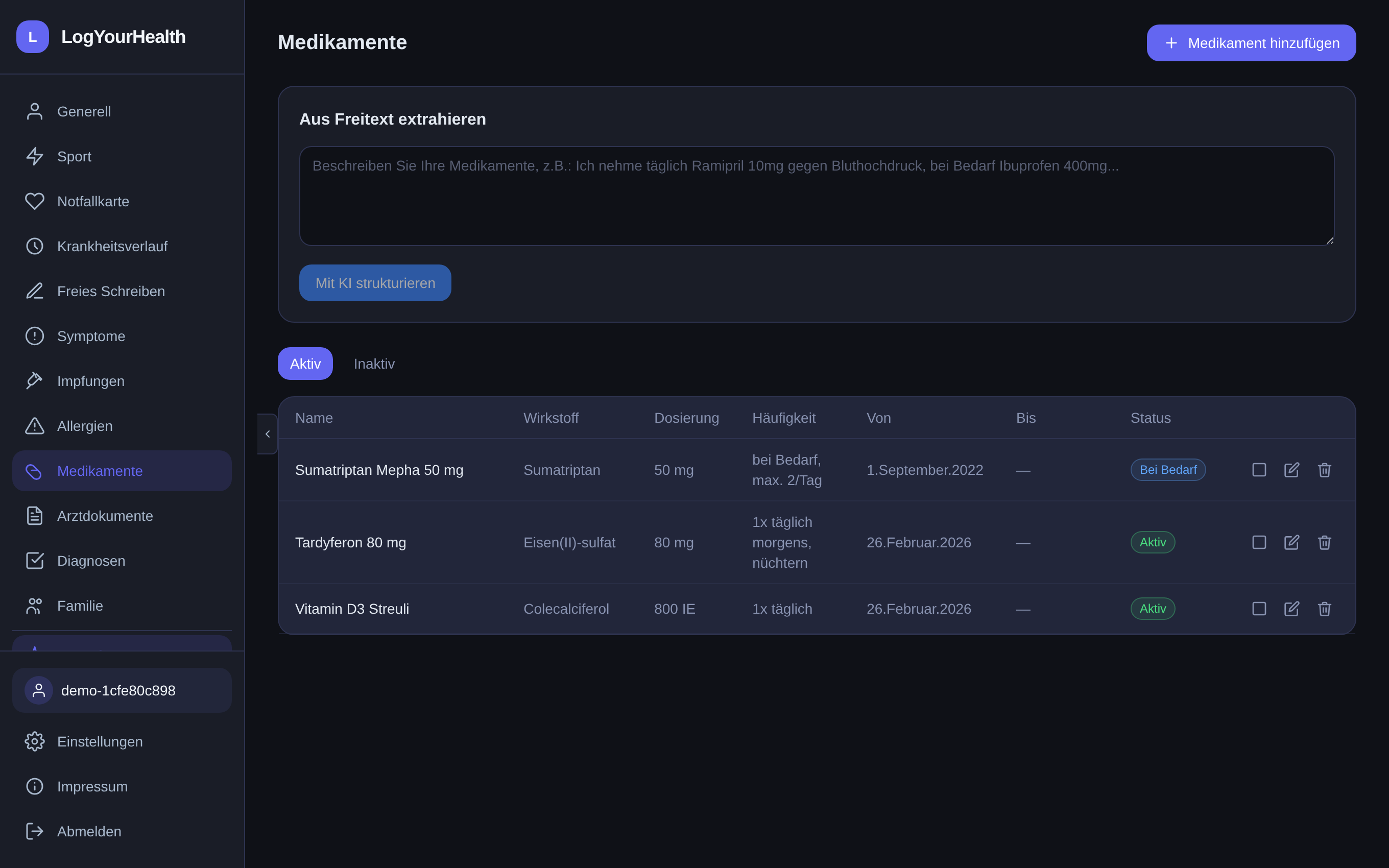 Medication list in LogYourHealth with dosage and status
