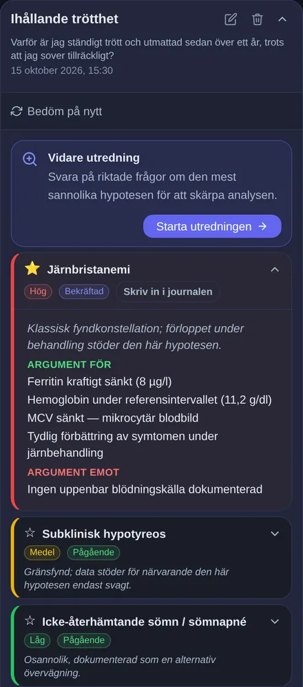 Möjliga orsaker till ihållande trötthet: vidare utredning med riktade följdfrågor, järnbristanemi utfälld med argument för och emot
